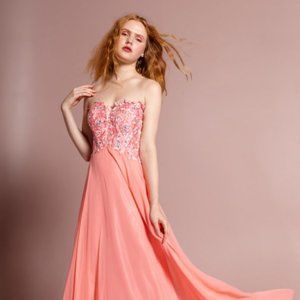 NEW LONG SLEEVELESS A-LINE STRAPLESS DRESS EMBROIDERED WITH RHINESTONES GL2049